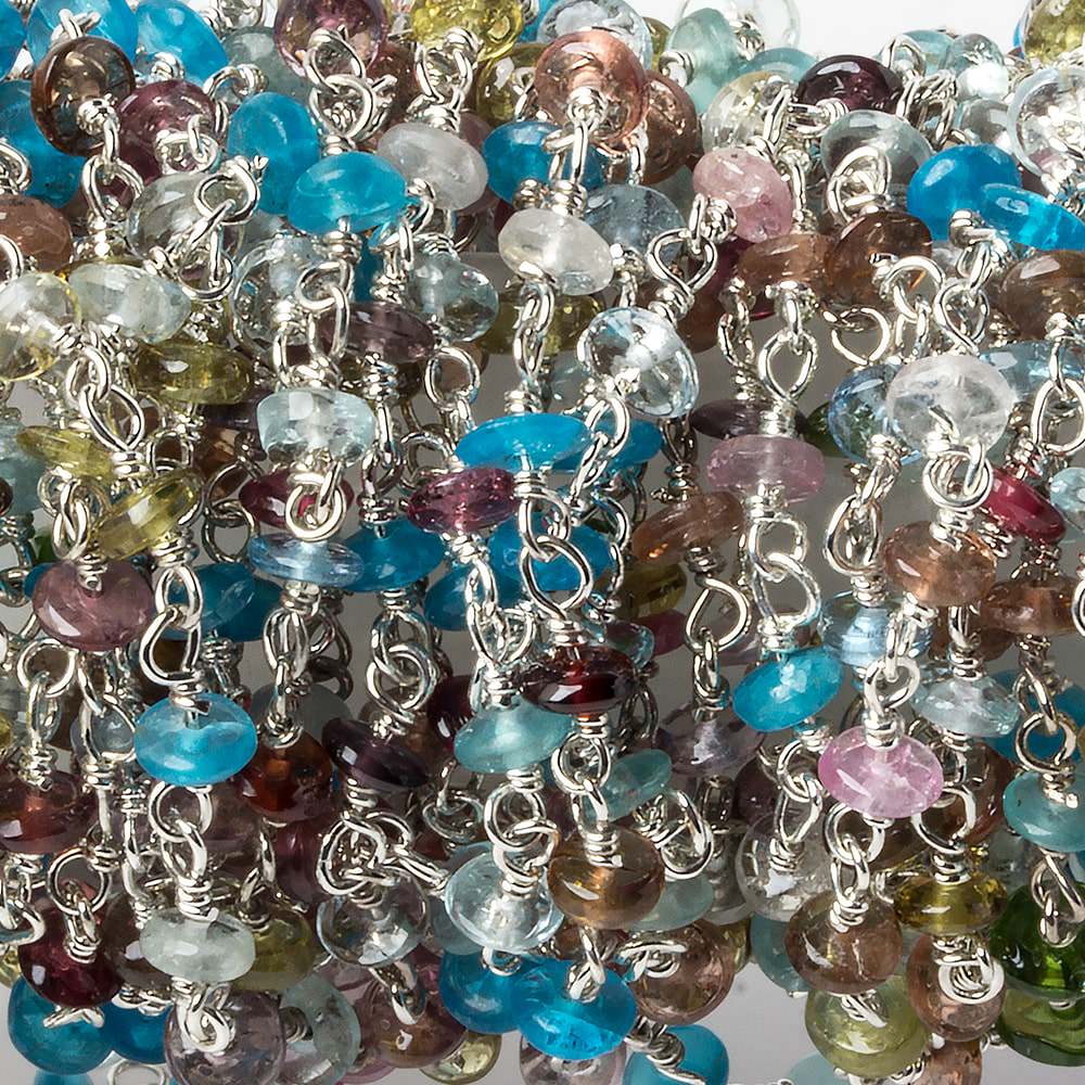  3mm Multi Gemstone plain rondelle Silver .925 Chain by the foot 45 pieces 