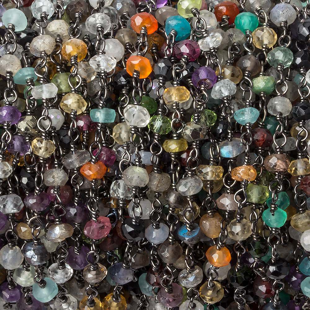  3mm Multi Gemstone rondelle Black Gold plated Silver .925 Chain by the foot 45 pcs 