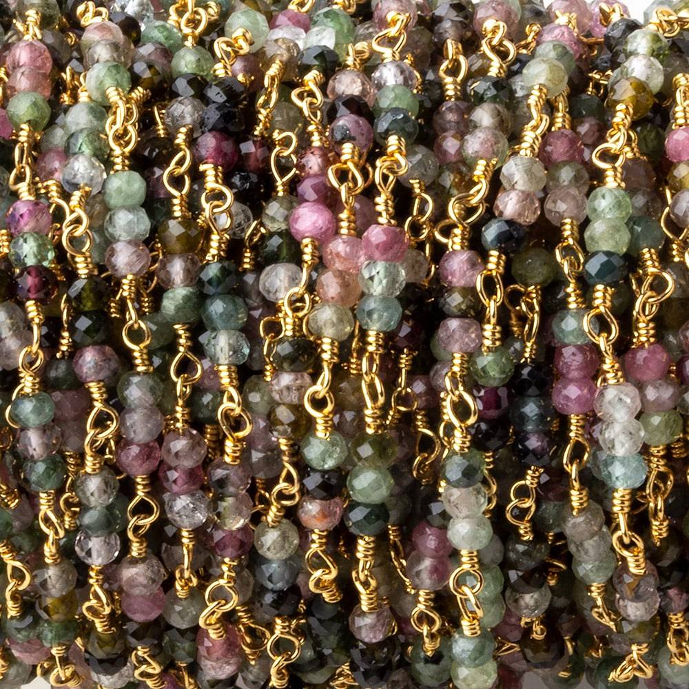  3mm Multi Tourmaline micro faceted round Trio Gold Chain by the foot 73 beads per 