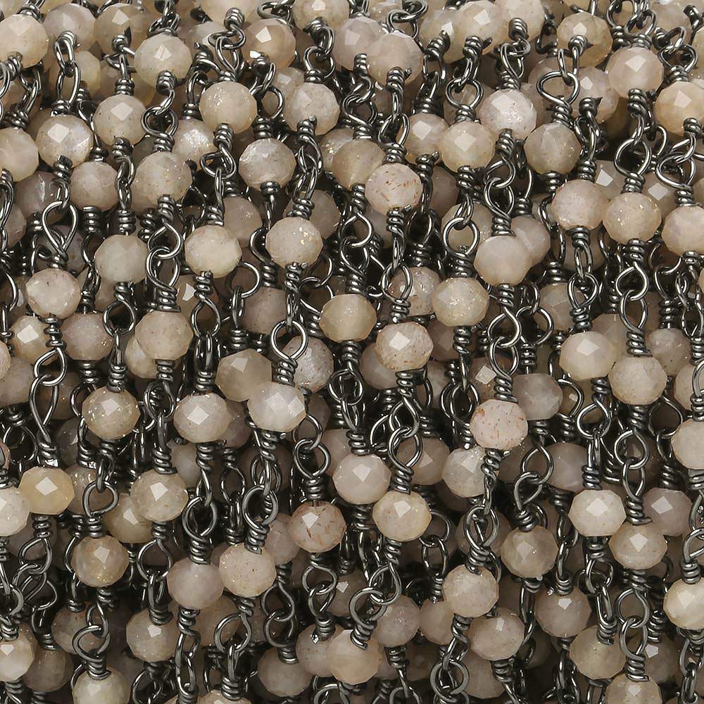  3mm Peach Moonstone micro-faceted rondelle Black Gold Chain by the foot 35 pieces 