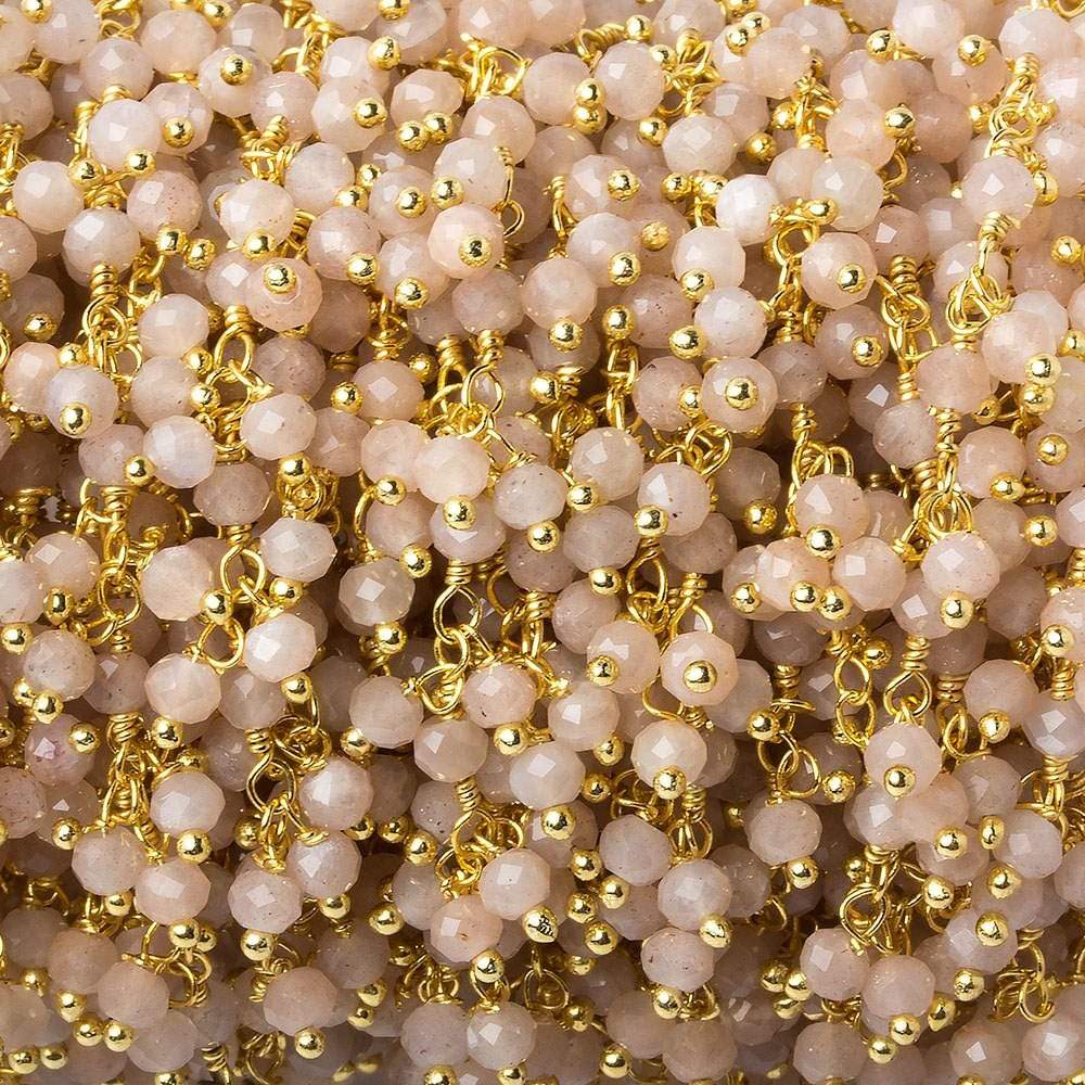  3mm Peach Moonstone micro-faceted round Gold Dangling Chain by the foot 