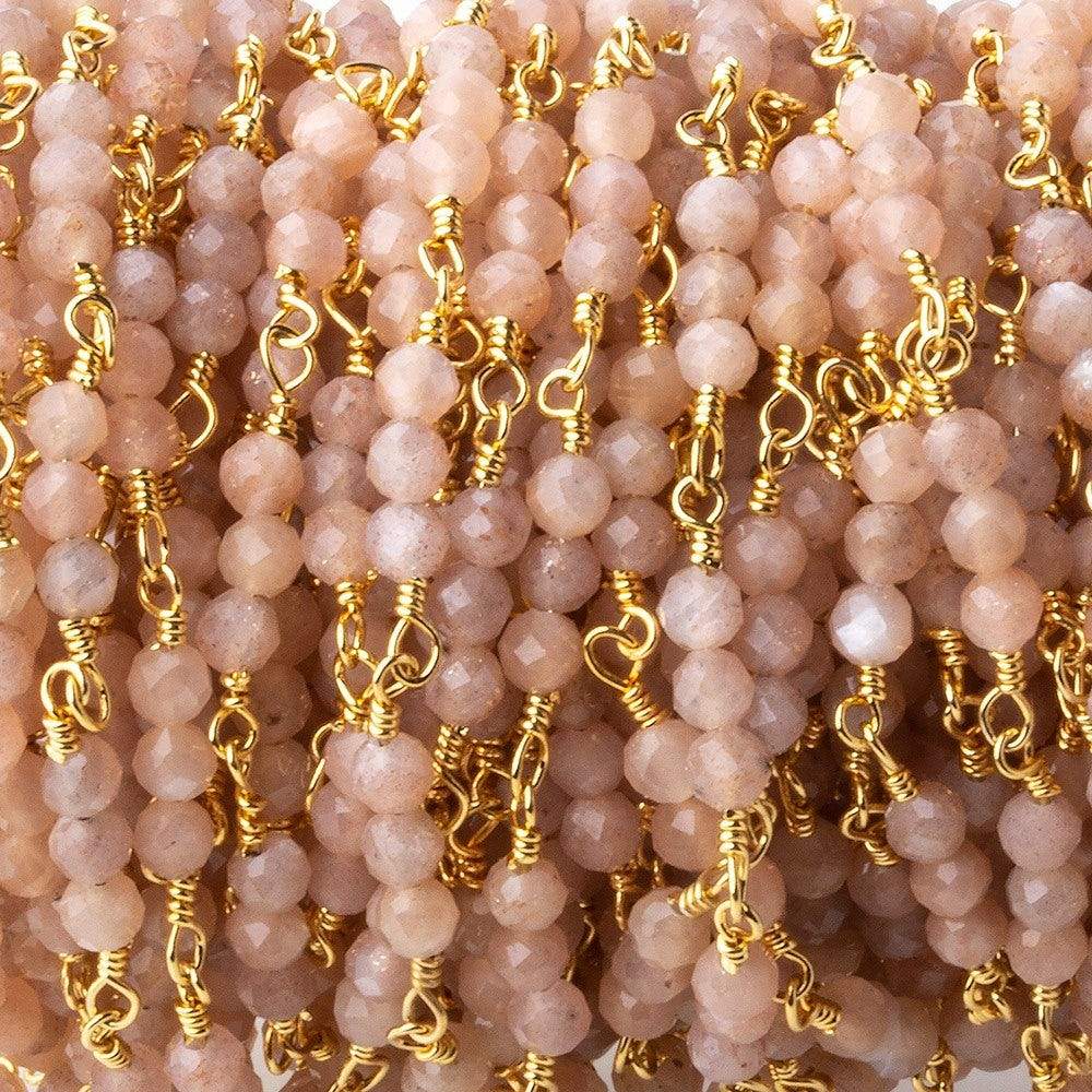  3mm Peach Moonstone micro faceted round Trio Gold Chain by the foot 73 beads per 