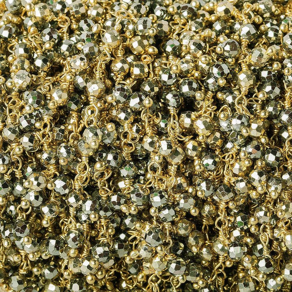  3mm Pyrite & Gold plated Pyrite micro-faceted round Gold Dangling Chain by the foot 