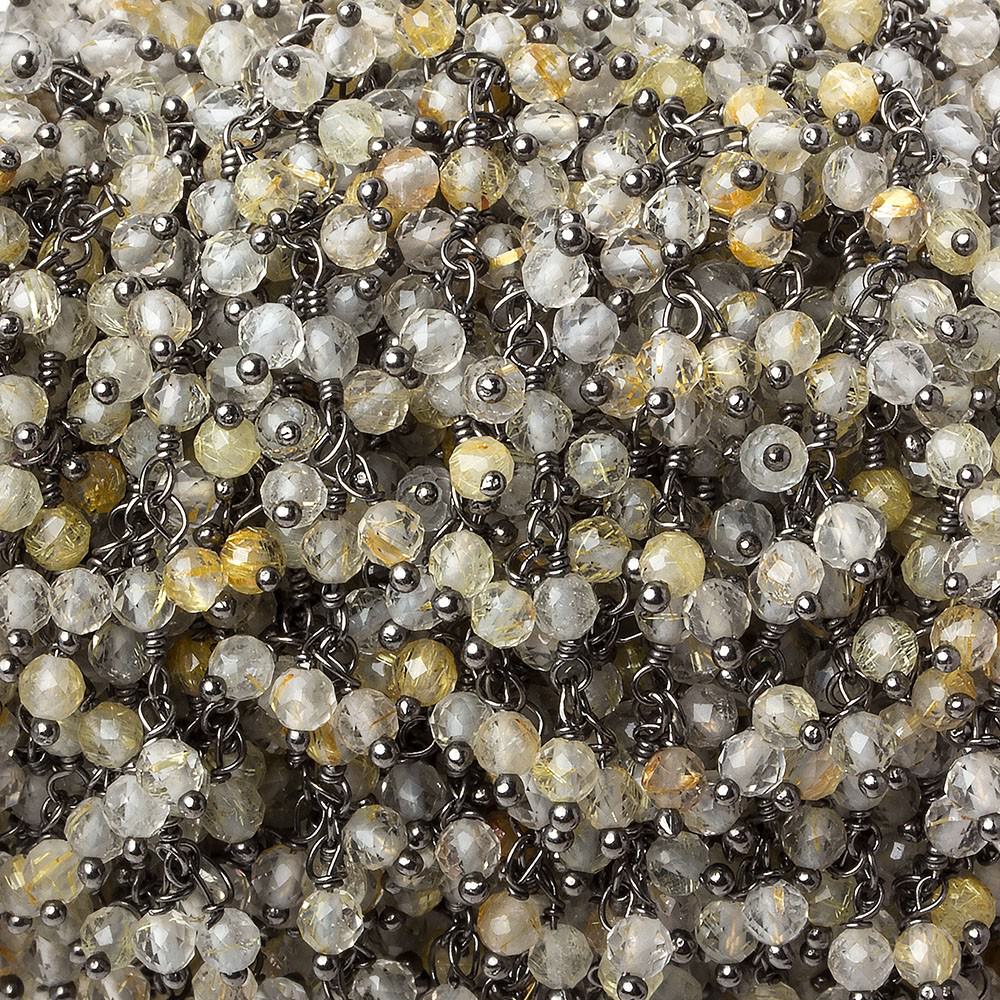  3mm Rutilated Quartz micro-faceted round Black Gold Dangling Chain by the foot 