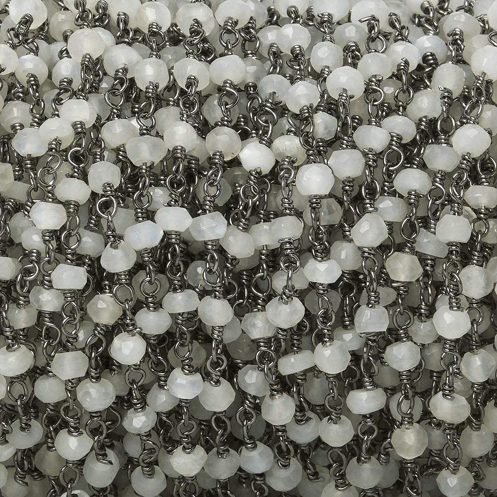  3mm White Moonstone faceted rondelle Black Gold Chain by the foot 35 pieces 