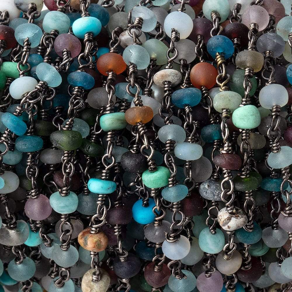  4-5mm Matte Multi Gem Plain Rondelles on Black Gold Plated Chain by the Foot 33 pcs 