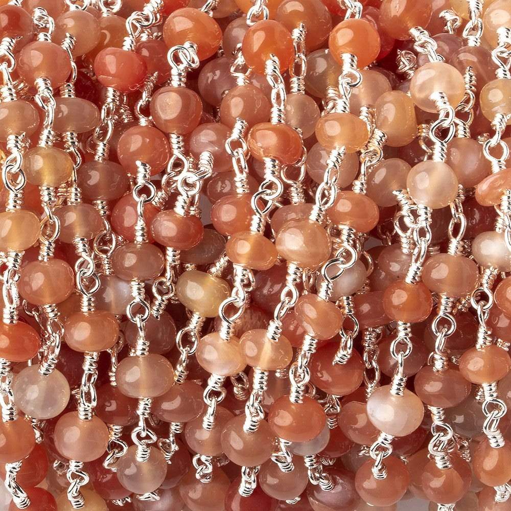  4.5-5mm Angel Skin Peach Moonstone plain rondelles Silver plated Chain by the foot 30 beads per 