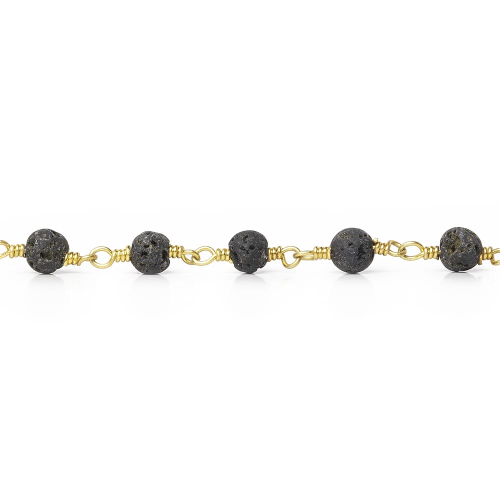  4mm Black Lava Rock plain round Gold Chain by the foot 30 beads 