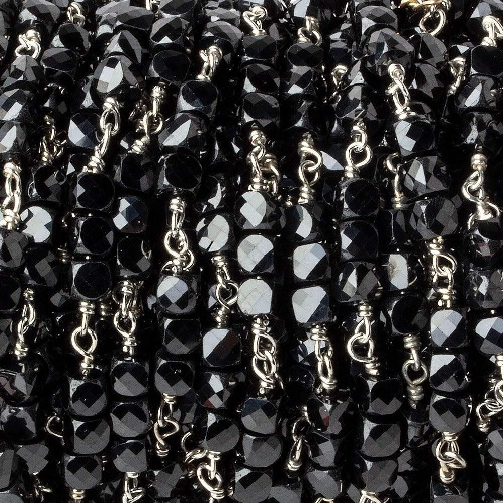  4mm Black Spinel micro faceted cube Silver .925 Chain by the foot 