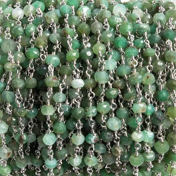  4mm Chrysoprase faceted rondelle Silver Chain by the foot 34 pieces 