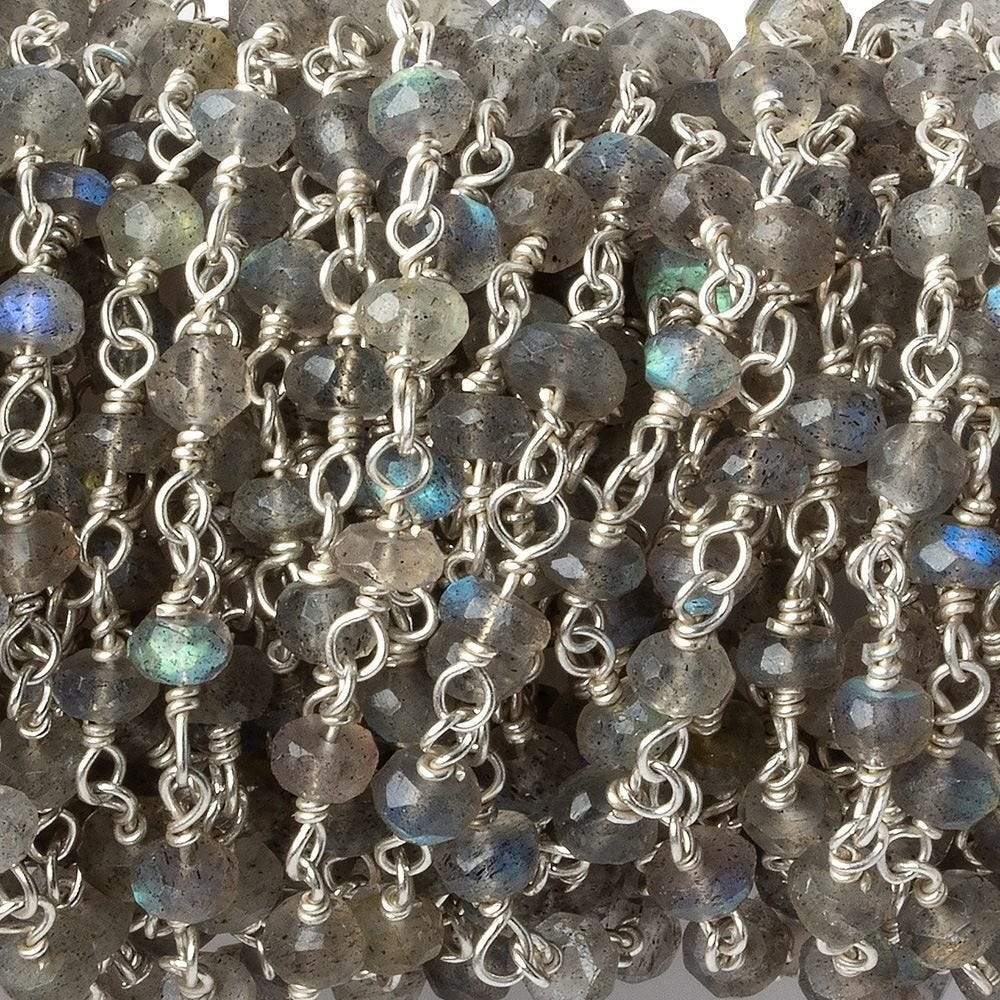  4mm Labradorite faceted rondelle .925 Silver Chain by the foot 34 pcs 