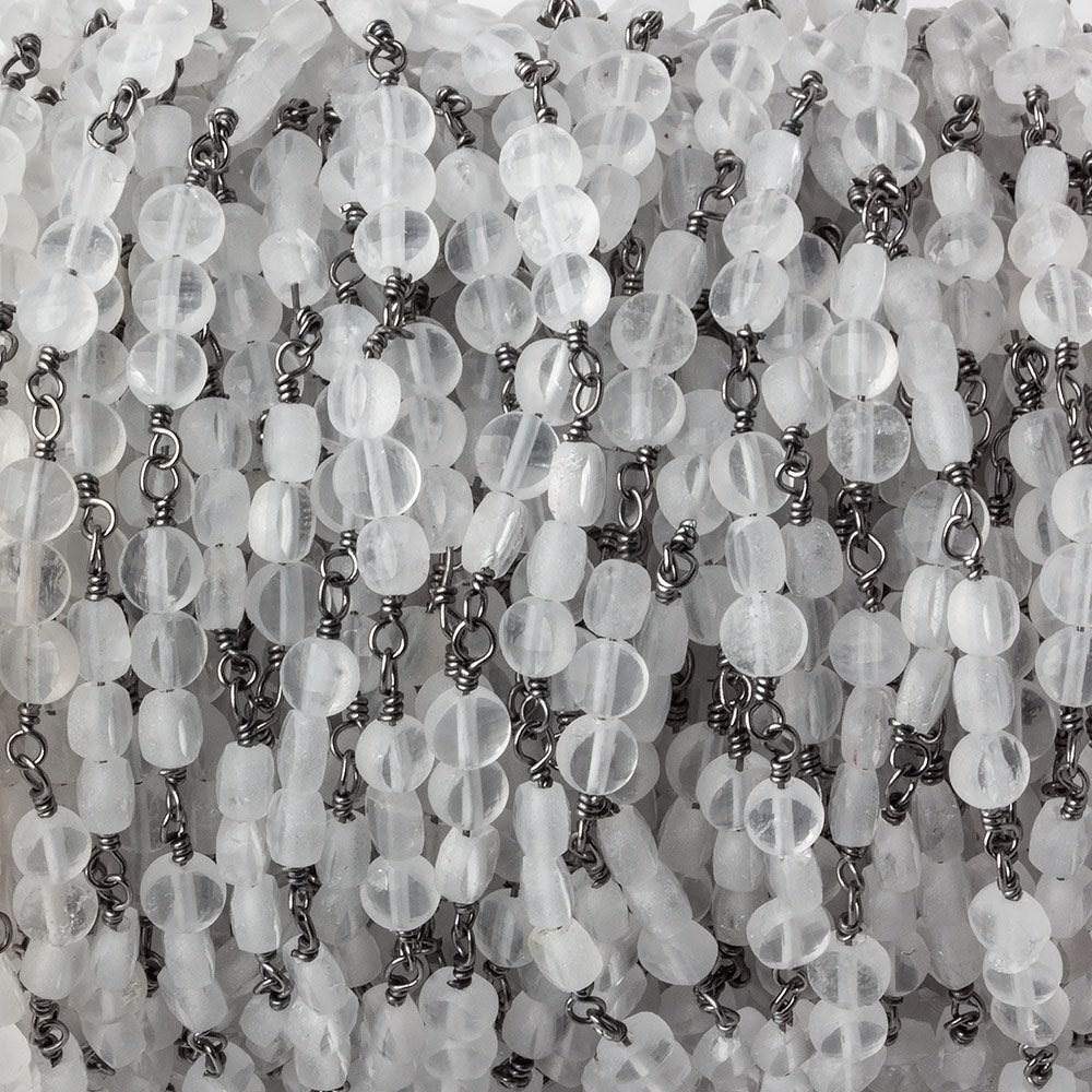  4mm Matte Crystal Quartz faceted coin Trio Black Gold Chain by the foot 54 beads per length 