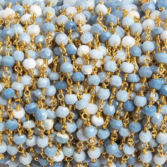 4mm Owyhee Denim Blue Opal faceted rondelle Gold Chain by the foot 34 pieces 