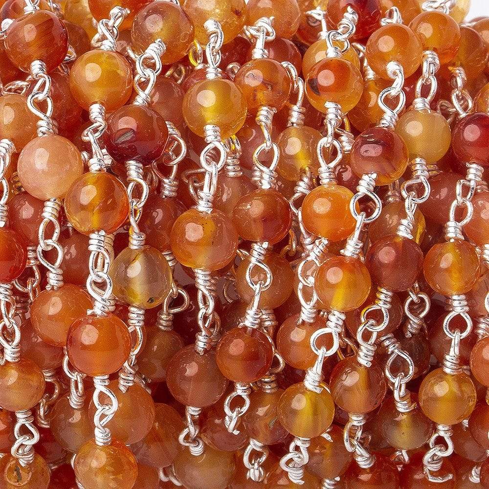  4mm Shaded Carnelian plain rounds Silver plated Wire Wrapped Chain 