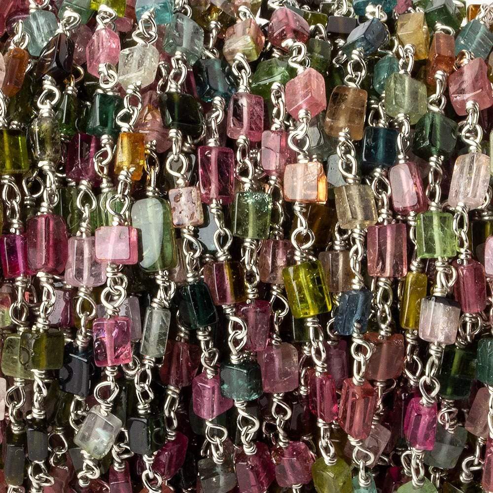  4x3-6x3mm Multi Color Tourmaline plain rectangle Silver .925 Chain by the foot 33 beads per 