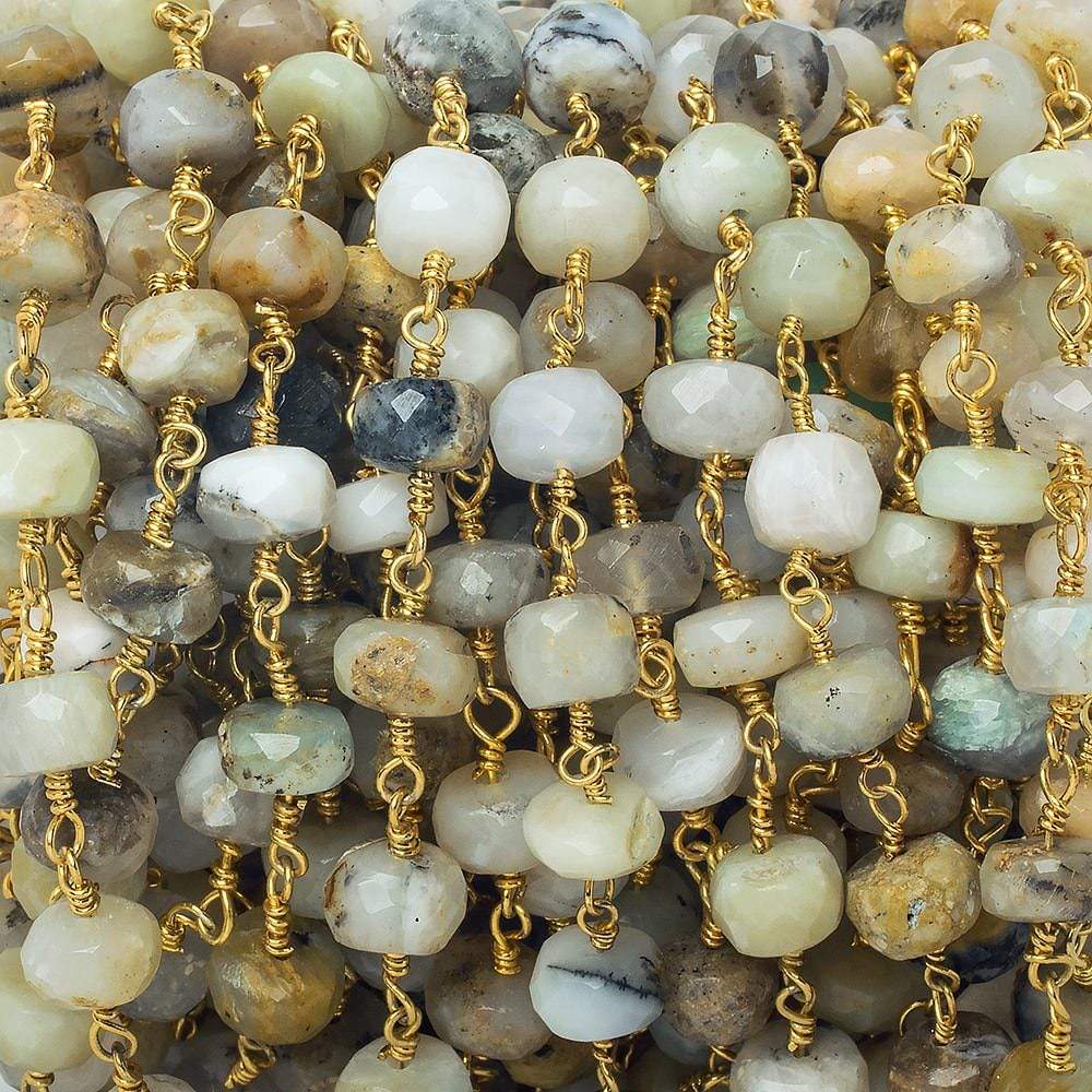  5-6mm Blue Peruvian Opal faceted rondelle Gold Chain by the foot 30 pieces 