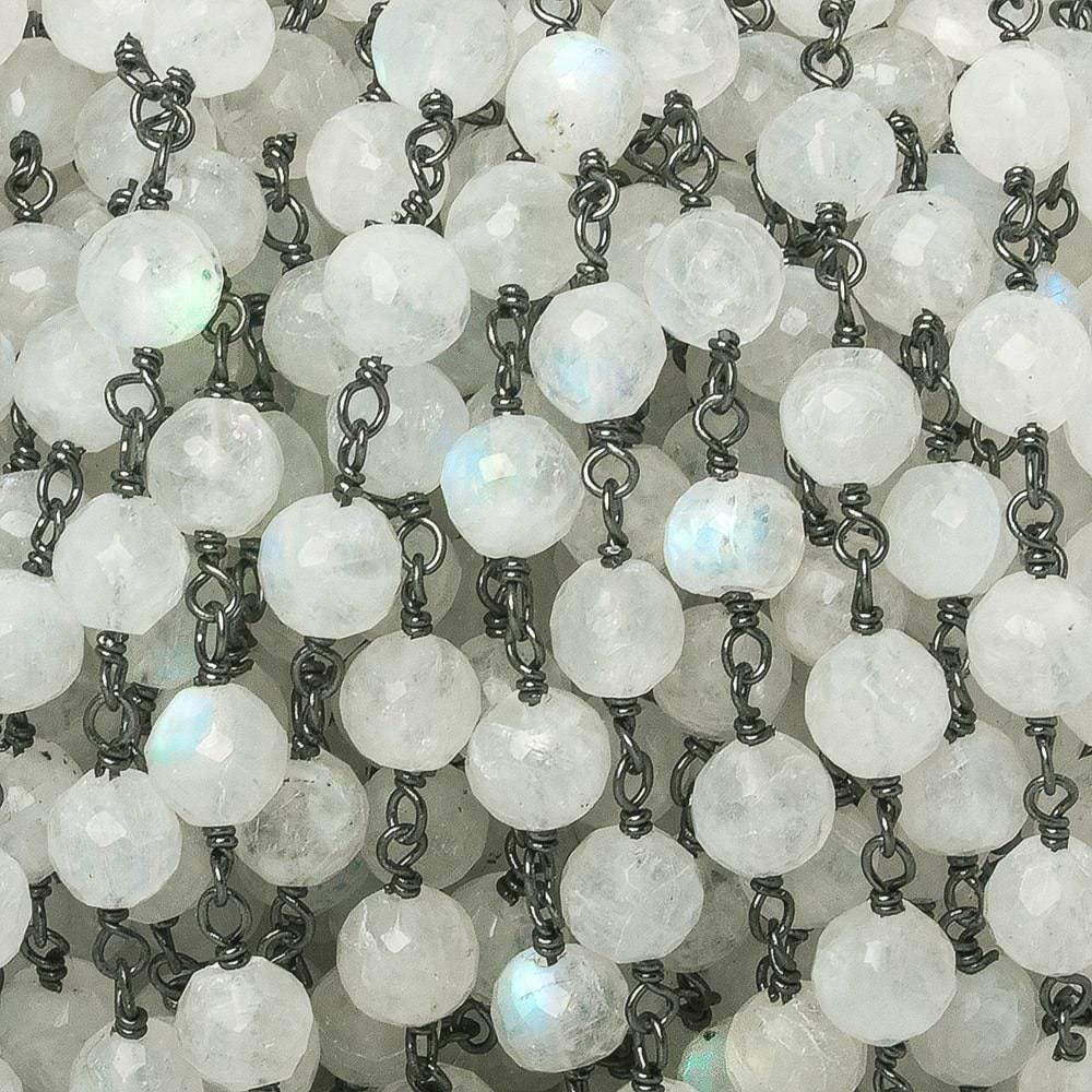  5-6mm Rainbow Moonstone faceted round Black Gold .925 Sterling Silver Chain by the foot 27 pieces 