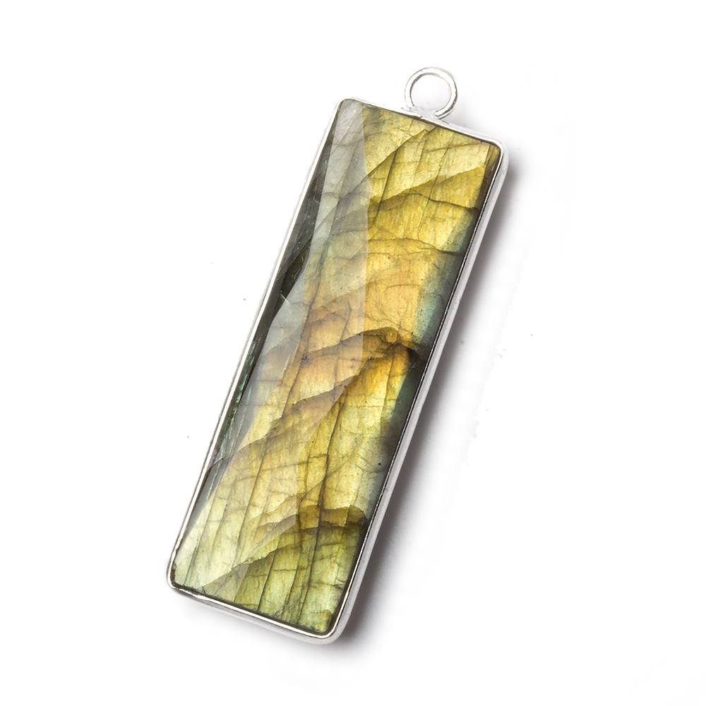  52.5x14.5mm .925 Silver Bezel Labradorite faceted rectangle bar pendant 1 piece 