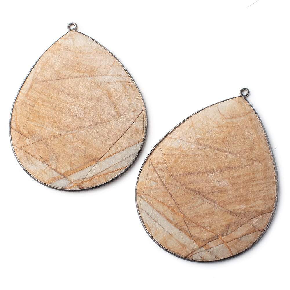  55x43mm Black Gold Bezeled Matte Picture Jasper Pear Set of 2 Pendants 