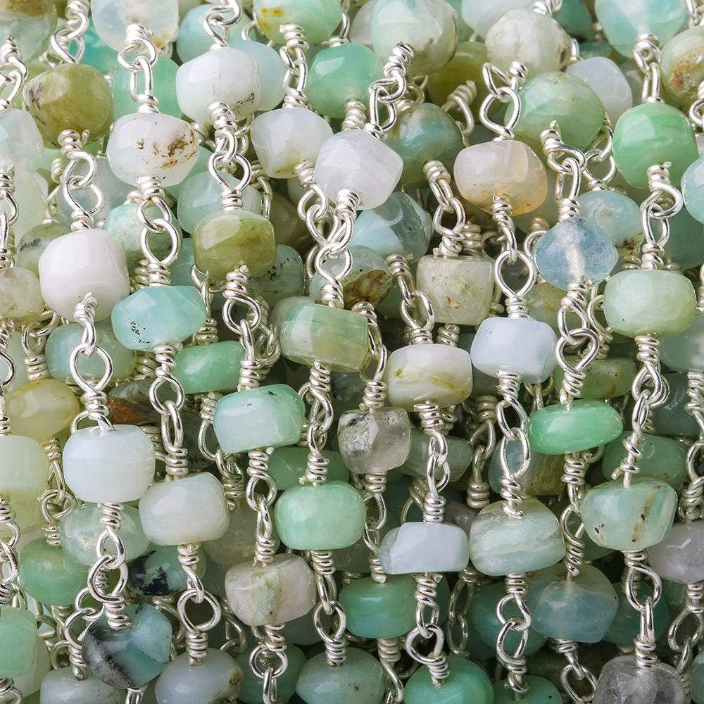  5mm Blue Peruvian Opal Heishi Silver plated Chain by the foot 