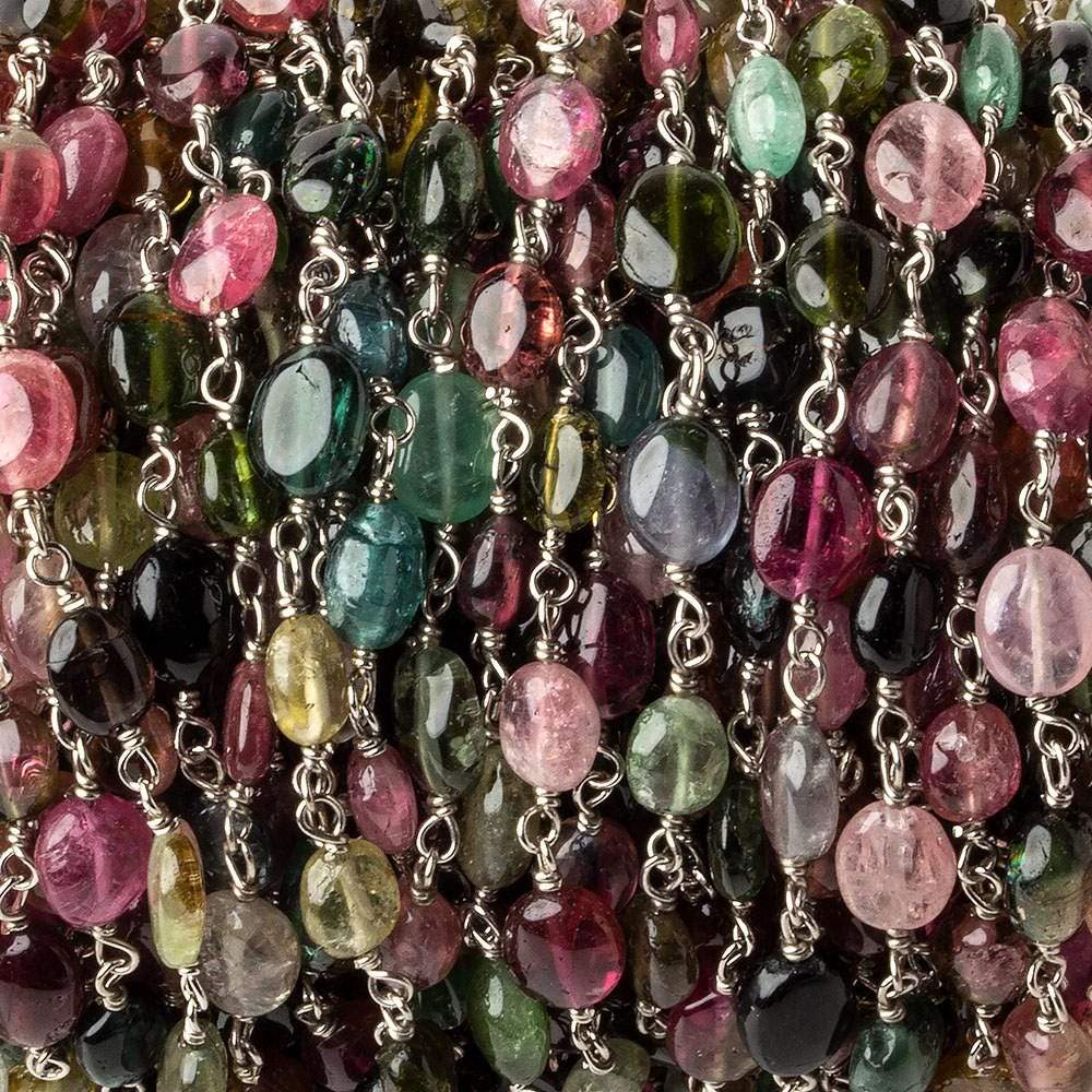  5x4-7x5mm Multi Color Tourmaline plain oval Silver .925 Chain by the foot 27 beads per 