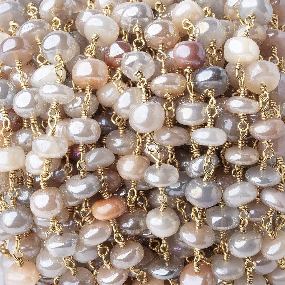  6-6.5mm Mystic Multi Moonstone Plain Rondelles on Gold Plated Chain by the Foot 