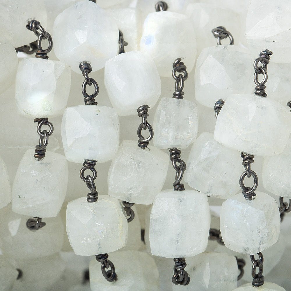  6-8mm Rainbow Moonstone cube Black Gold plated Silver Chain by the foot 