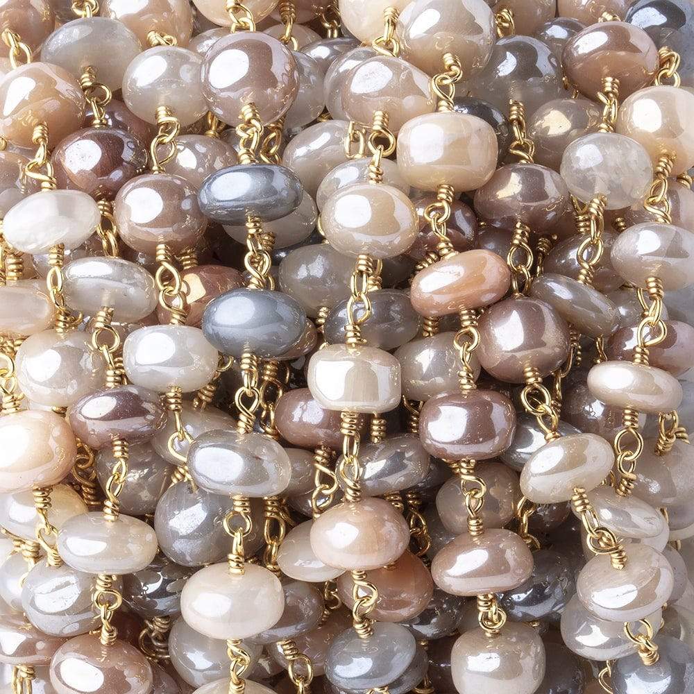  6.5-7.5mm Mystic Multi Moonstone Plain Rondelles on Gold Plated Chain by the Foot 