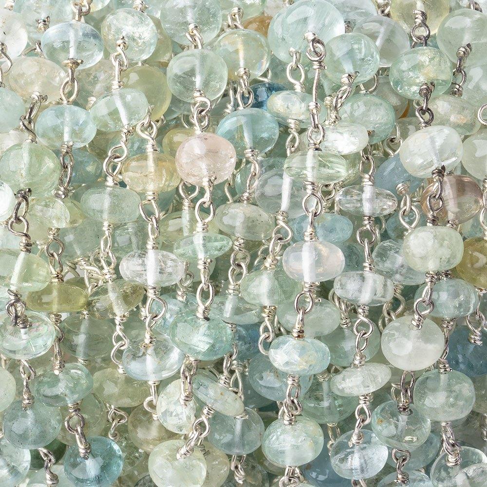  6.5mm Aquamarine & Beryl plain rondelle Sterling Silver Chain by the foot 30 pieces 