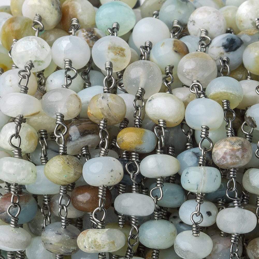  6.5mm Blue Peruvian Opal Plain Rondelle Black Gold plated Chain by the foot 