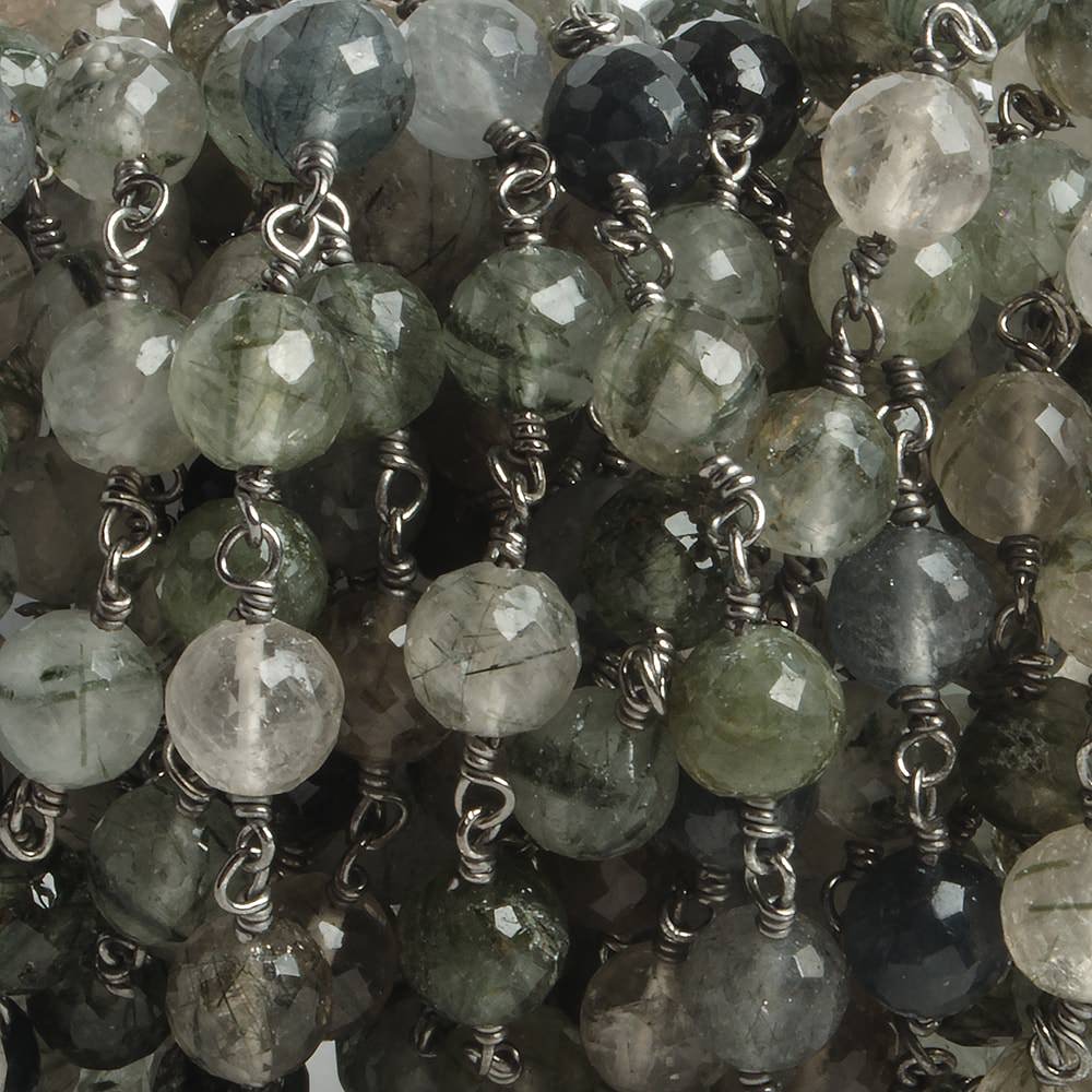 6.5mm Green Tourmalinated Quartz faceted round Black Gold .925 Silver Chain by the foot 24 pieces 