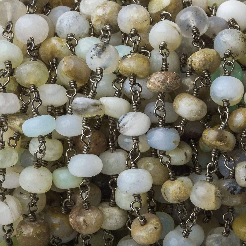  6mm Blue Peruvian Opal Plain Rondelle Black Gold plated Chain by the foot 
