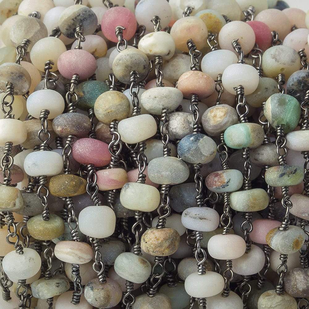  6mm Matte Peruvian Opal Plain Rondelle Black Gold plated Chain by the foot 