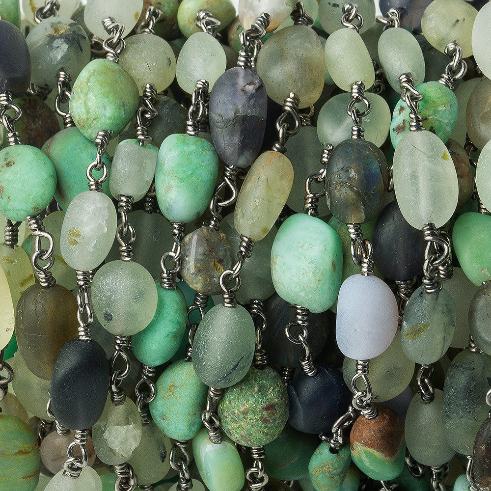  6x4-10x6mm Matte Multi Gemstone plain nugget Black Gold plated Chain by the foot 22 beads per 