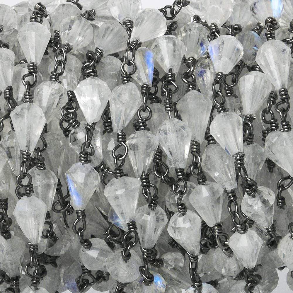  6x4mm Rainbow Moonstone faceted tear drop Black Gold Chain by the foot 28 pieces 