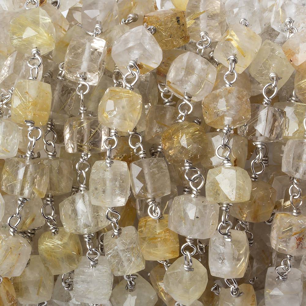  6x6mm Golden Rutilated Quartz cube Silver .925 Chain by the foot 25 pcs 