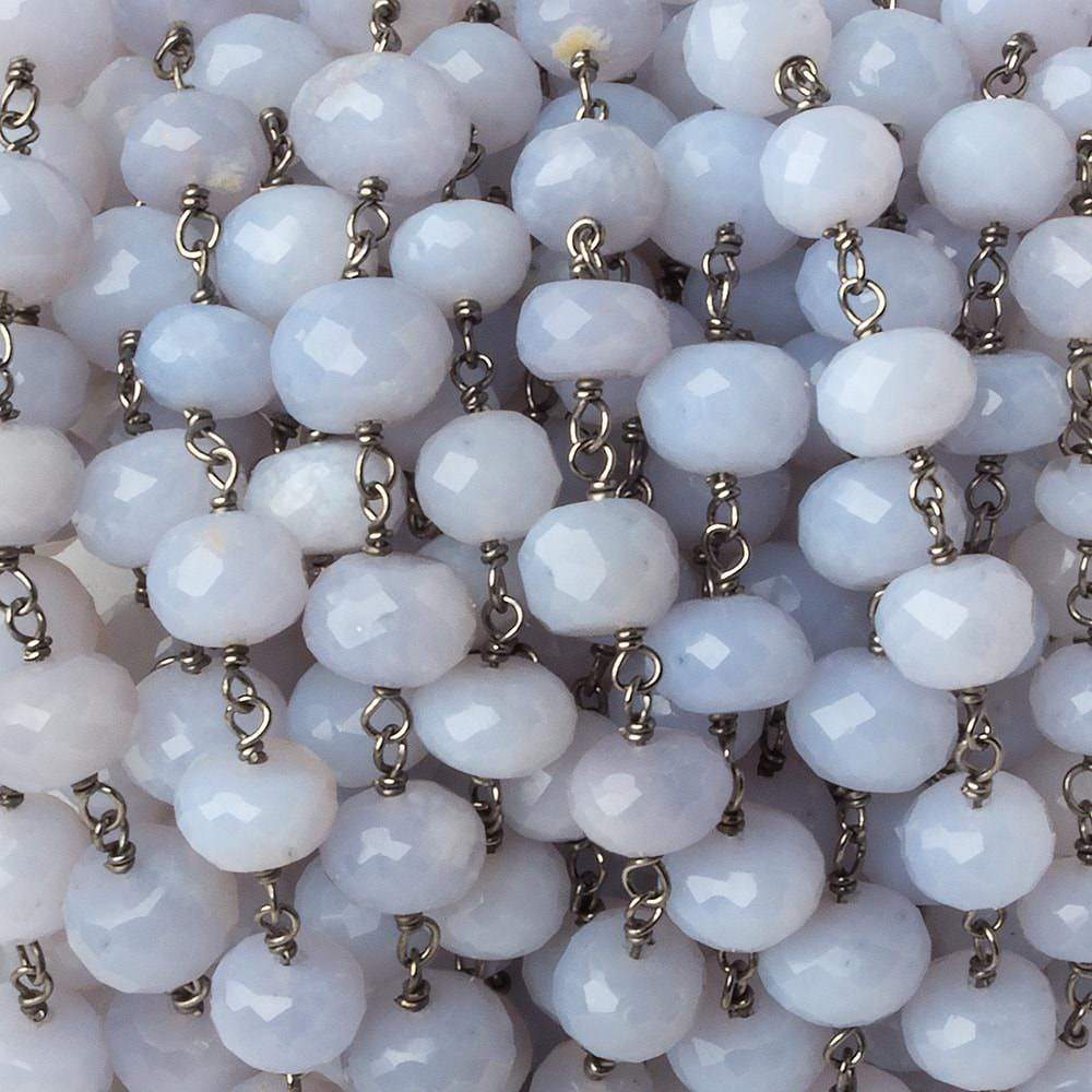  7-8mm Turkish Blue Chalcedony rondelle Black Gold over .925 Silver Chain by the foot 