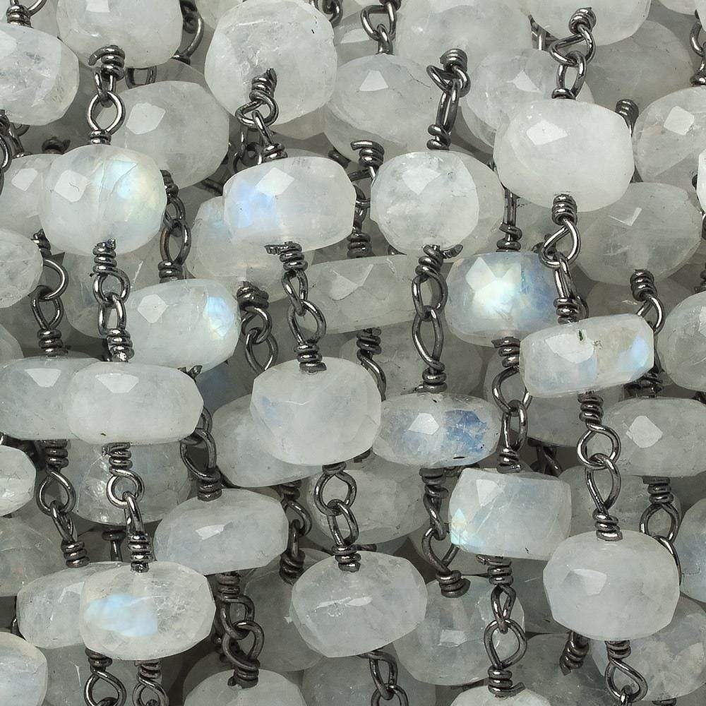  7.5-8mm Rainbow Moonstone faceted rondelle Black Gold Chain by the foot 28 pieces 