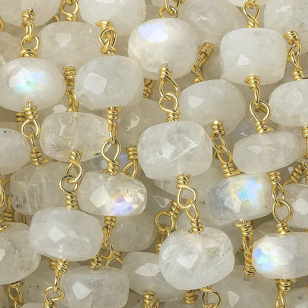  7.5-8mm Rainbow Moonstone faceted rondelle Gold Chain by the foot 28 pieces 