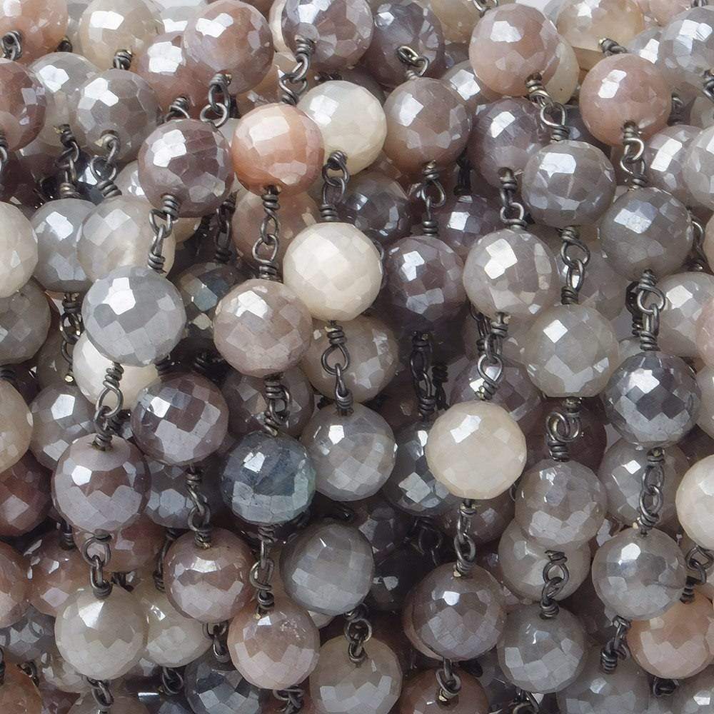  7.5mm Mystic Grey & Peach Moonstone faceted round Black Gold plated Chain by the foot 22 pcs 