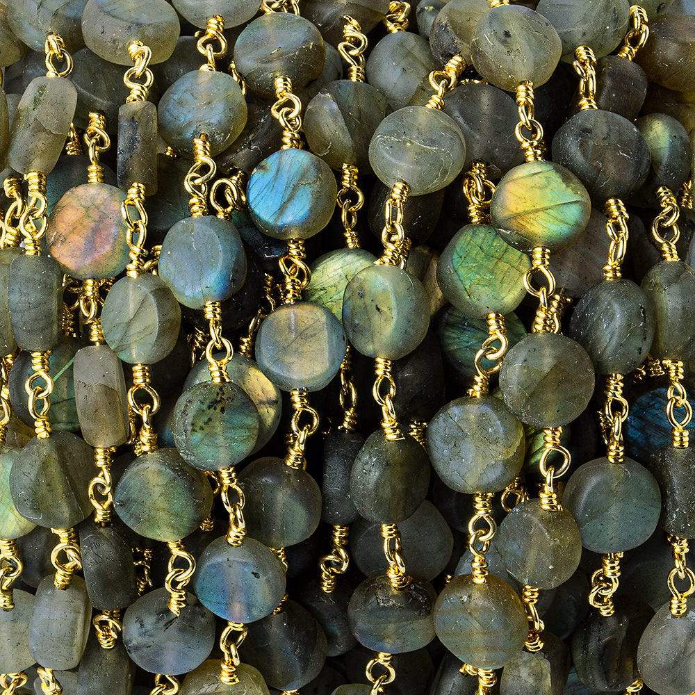  7mm Matte Labradorite plain coin Gold plated Chain by the foot 26 beads per 