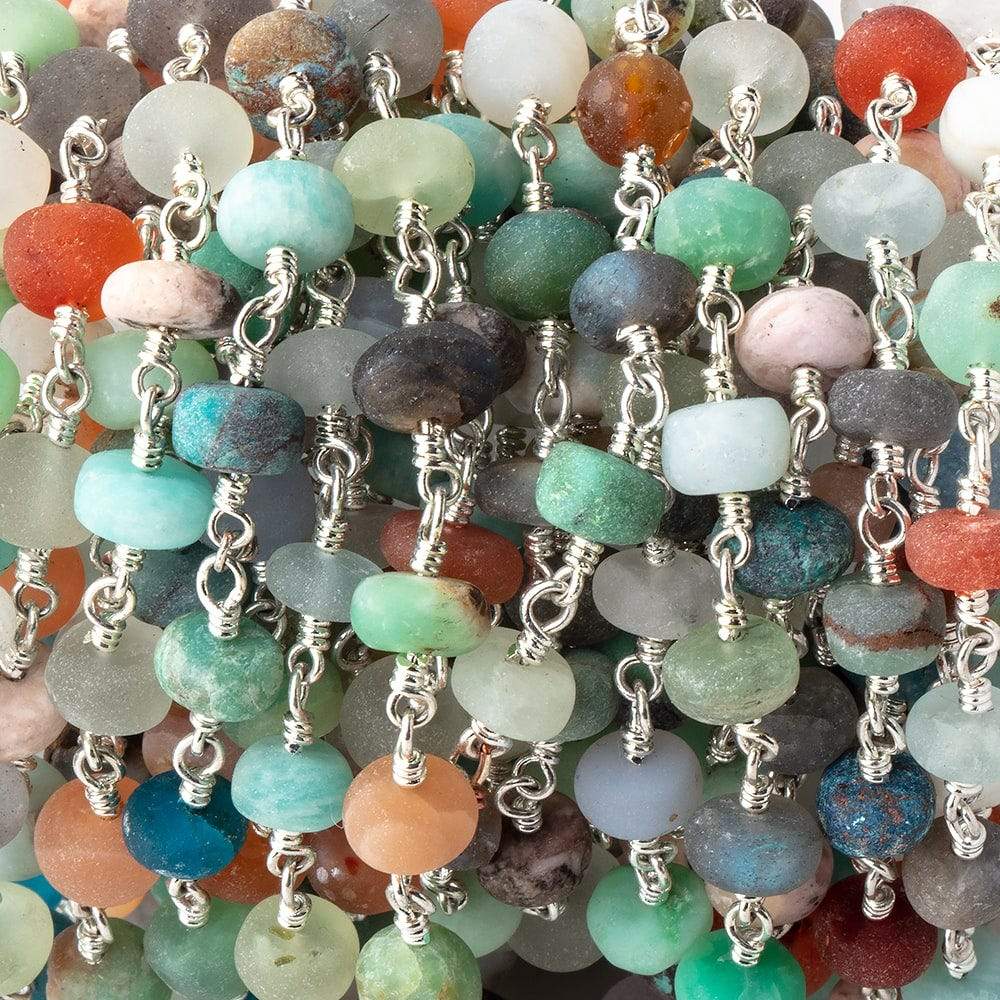  7mm Matte Multi Gem Plain Rondelles on Silver Plated Chain by the Foot 27 pcs 