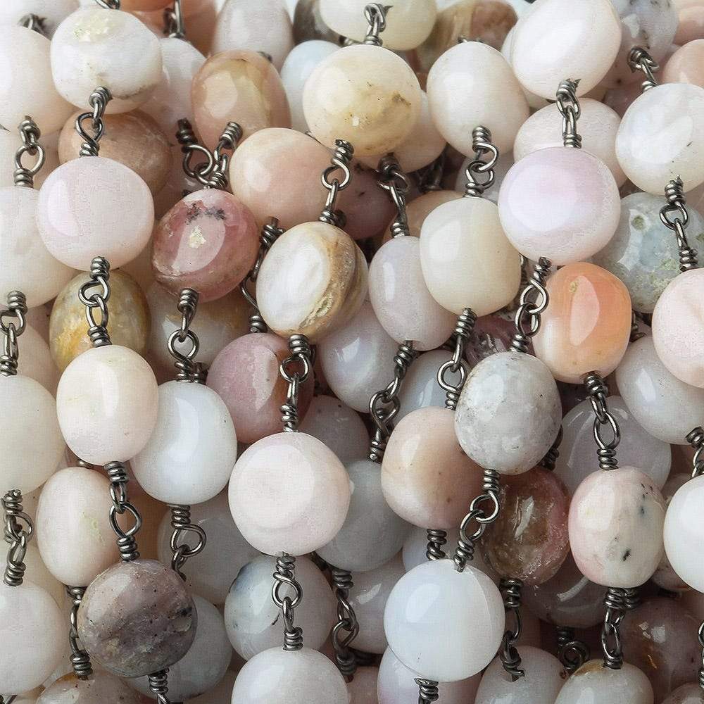  7mm Pink Peruvian Opal plain coin Black Gold plated Chain by the foot 