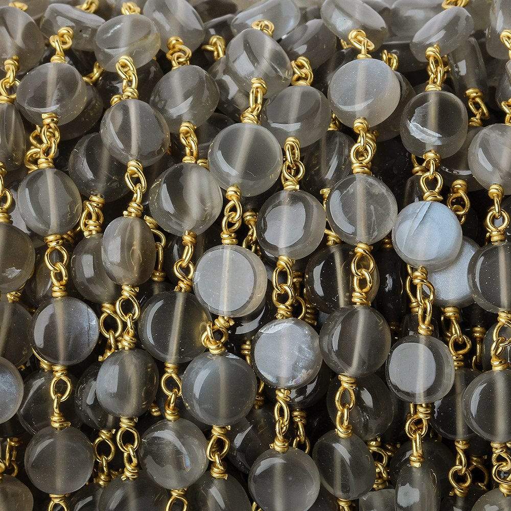  7mm Platinum Grey Moonstone plain coin Vermeil Chain by the foot 