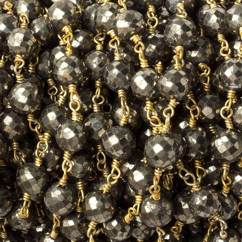  7mm Pyrite faceted round Gold plated Chain by the foot 21 beads 