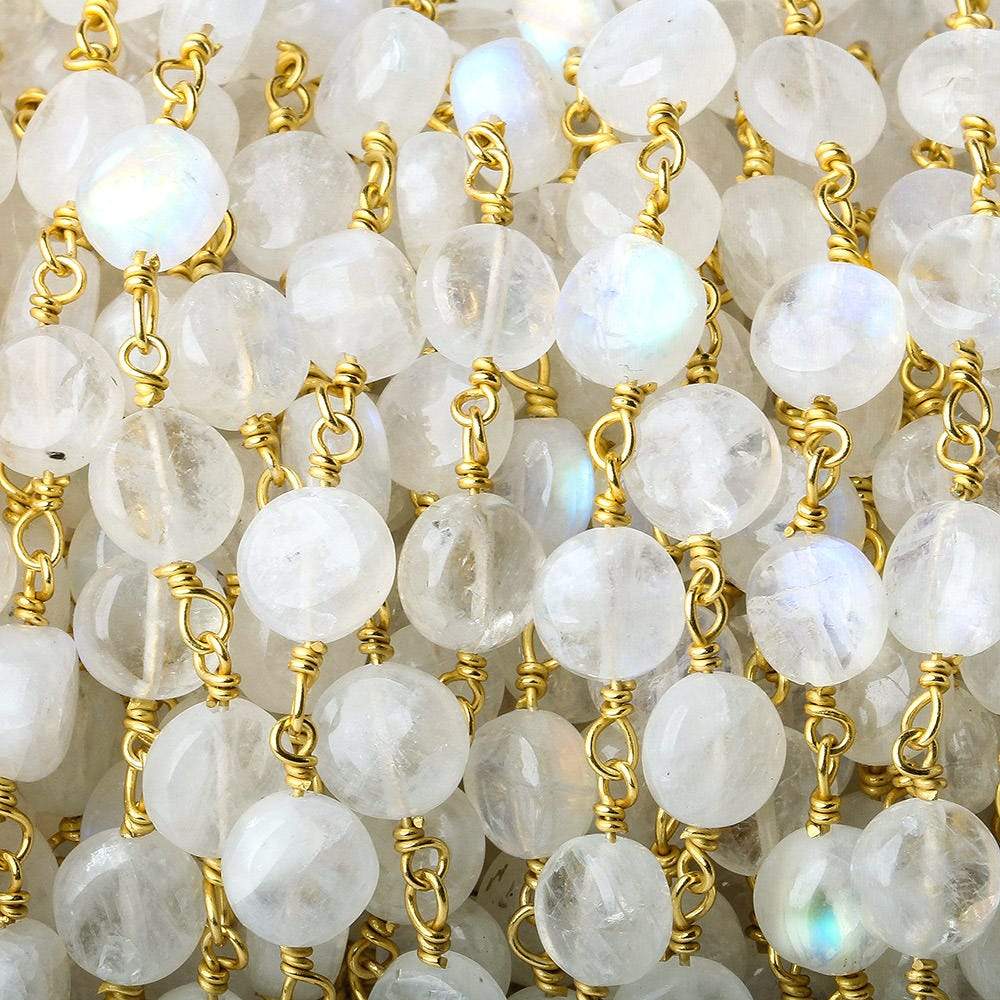  7mm Rainbow Moonstone plain coin Vermeil Chain by the foot 