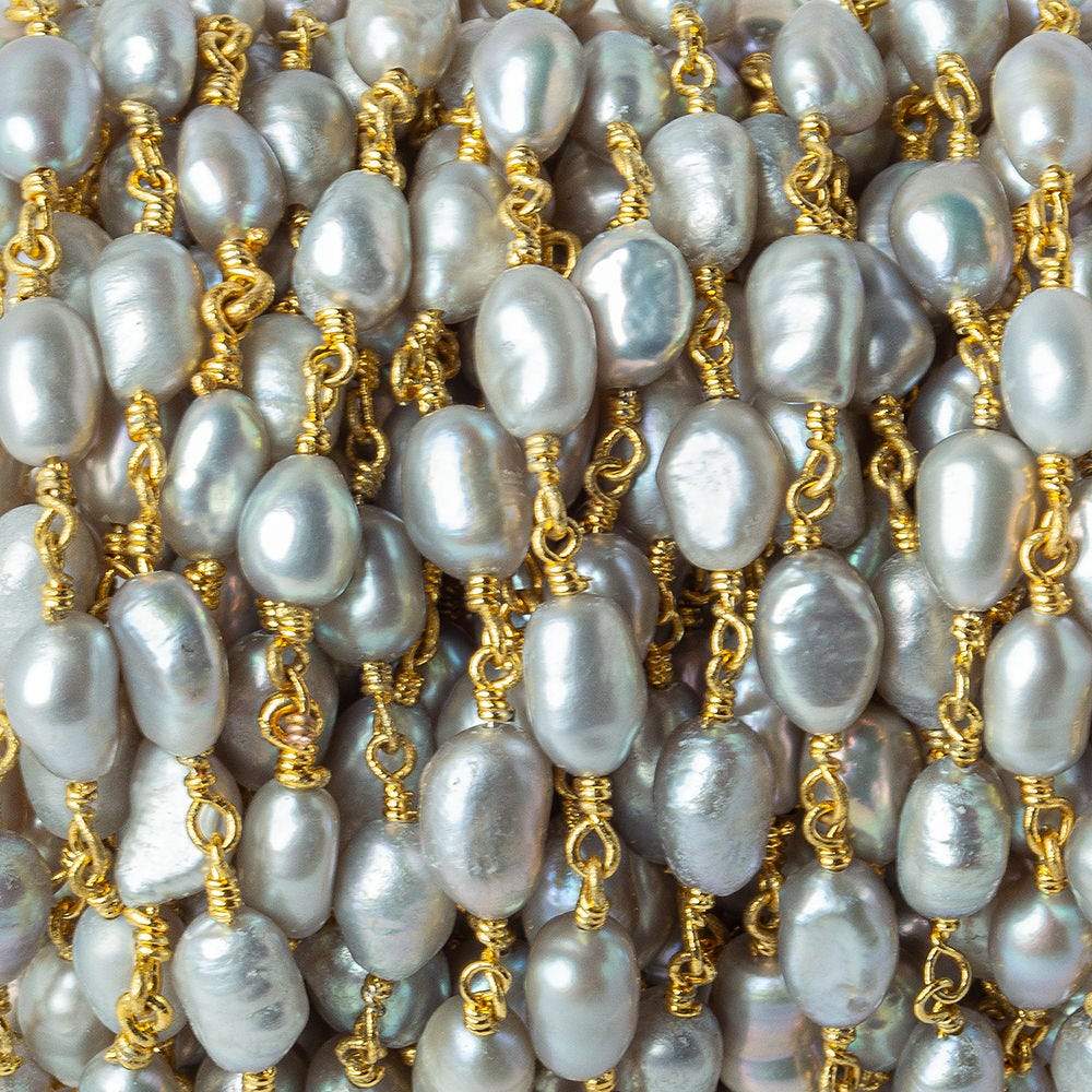  7x5-8x6mm Silver straight drill Baroque Freshwater Pearl Gold plated Chain 