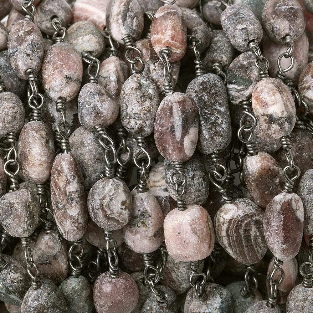  7x5-9x6mm Matte Chocolate Rhodochrosite plain nugget Black Gold plated Chain by the foot 