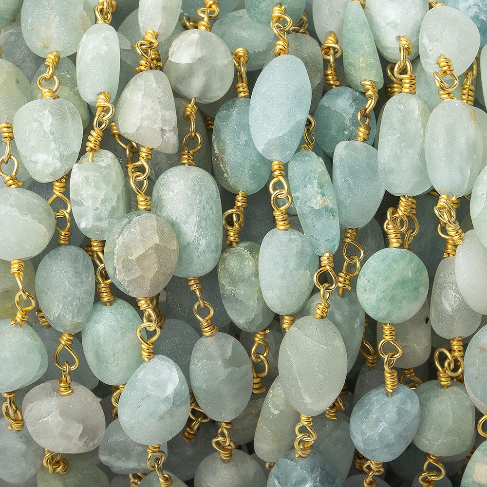  7x6-10x8mm Frosted Aquamarine plain nugget Gold plated Chain by the foot 