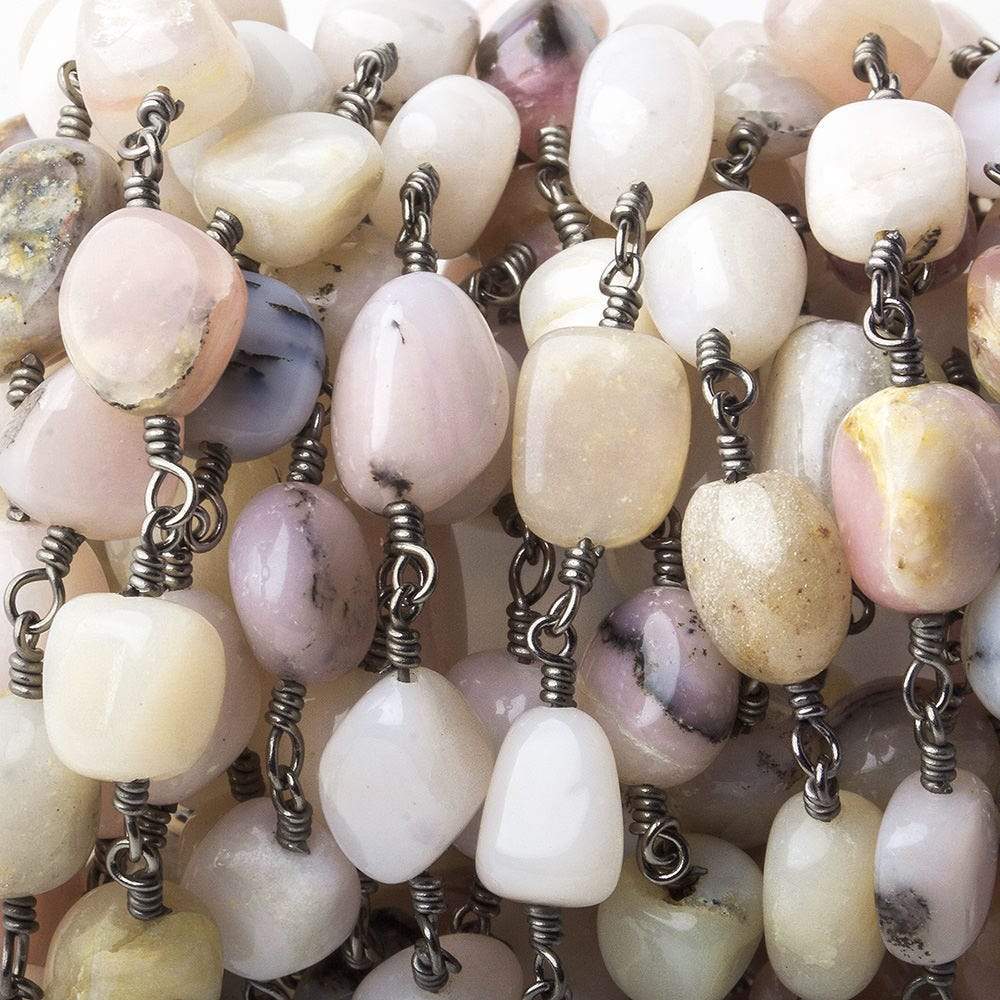  7x7-11x7mm Pink Peruvian Opal plain nuggets Black Gold plated Chain by the foot 